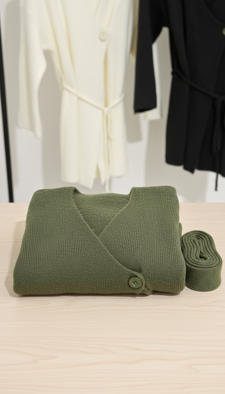 Eleganter Wickel-Cardigan aus Strick mit Bindegürtel – in Weiß, Oliv & Schwarz