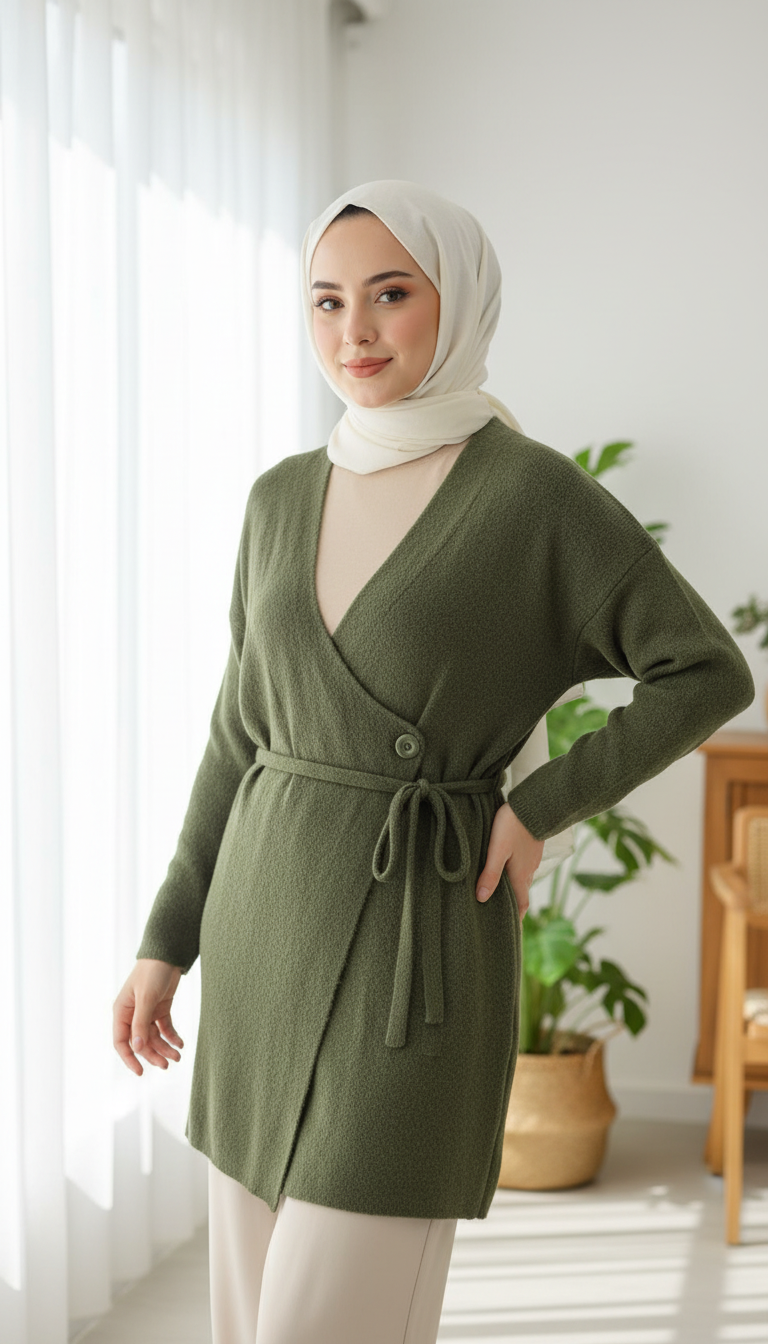 Eleganter Wickel-Cardigan aus Strick mit Bindegürtel – in Weiß, Oliv & Schwarz