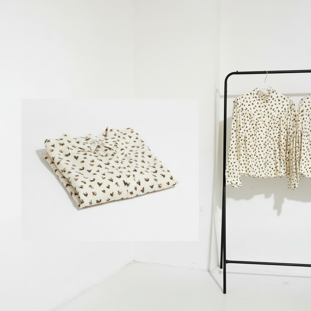 Beige Damenbluse mit braunem Herzmuster