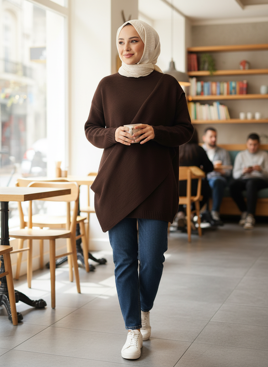 Brauner Strickpullover mit integriertem Schal – AMALFI