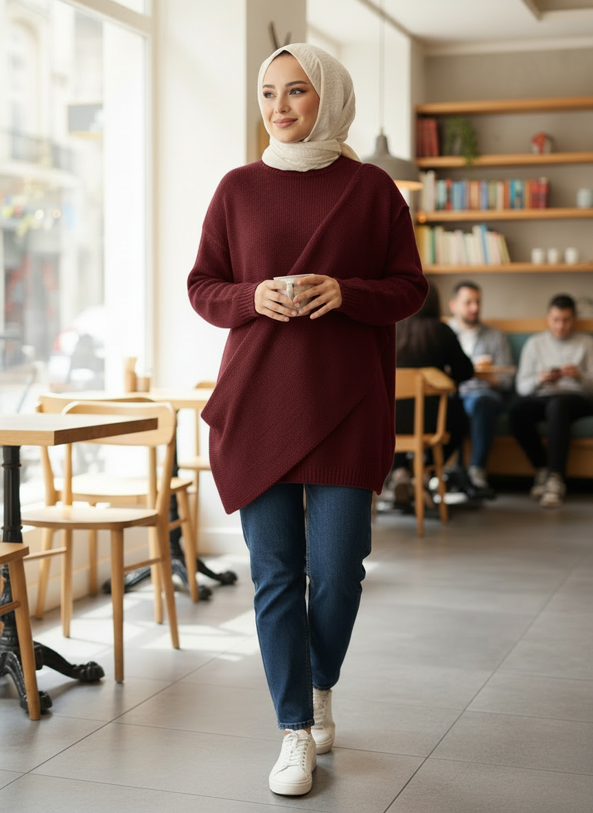 Brauner Strickpullover mit integriertem Schal – AMALFI