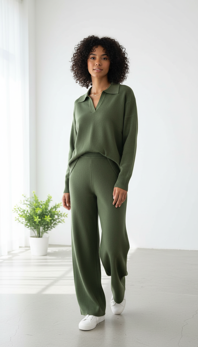 Damen Zweiteiler Set mit Langarm – Grün & Braun