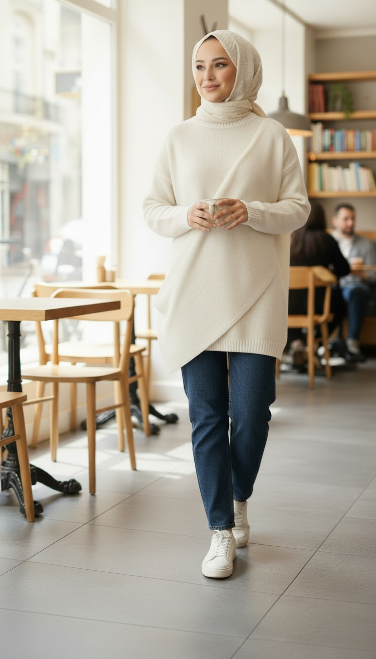 Brauner Strickpullover mit integriertem Schal – AMALFI