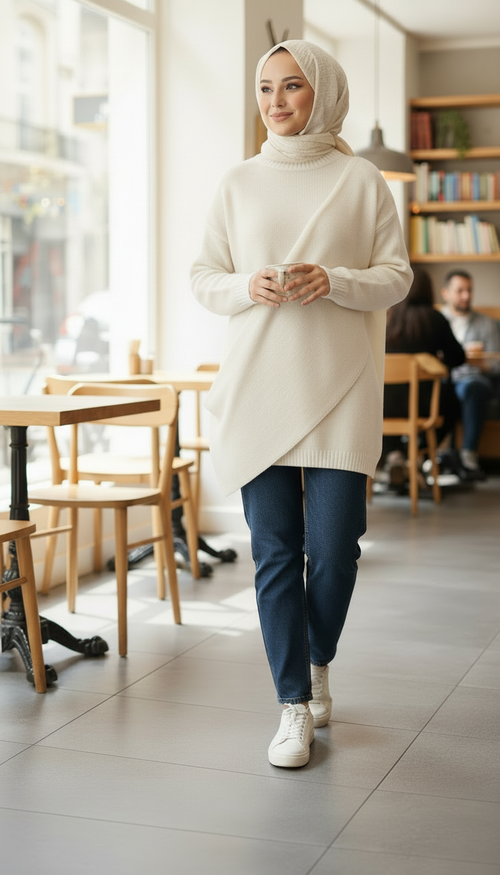 Brauner Strickpullover mit integriertem Schal – AMALFI