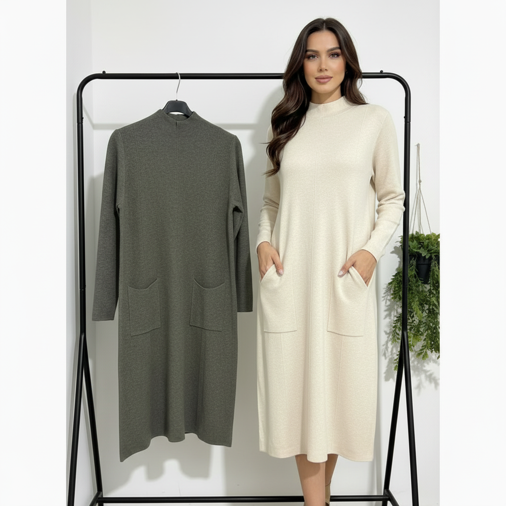 Damen Pullover-Kleid mit Langarm – Khaki-Grün & Beige